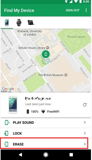Google Find My Device App Erase Function