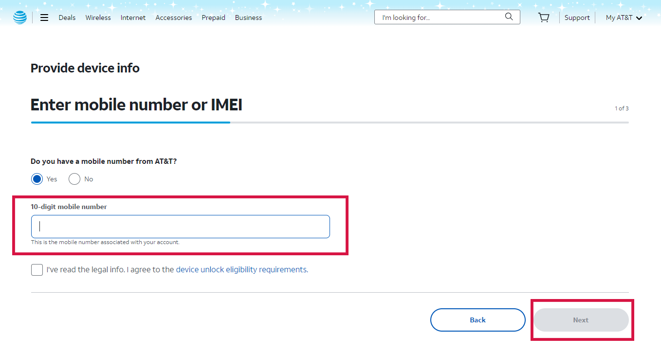 At&T Unlock Page With Mobile Phone Field Highlighted