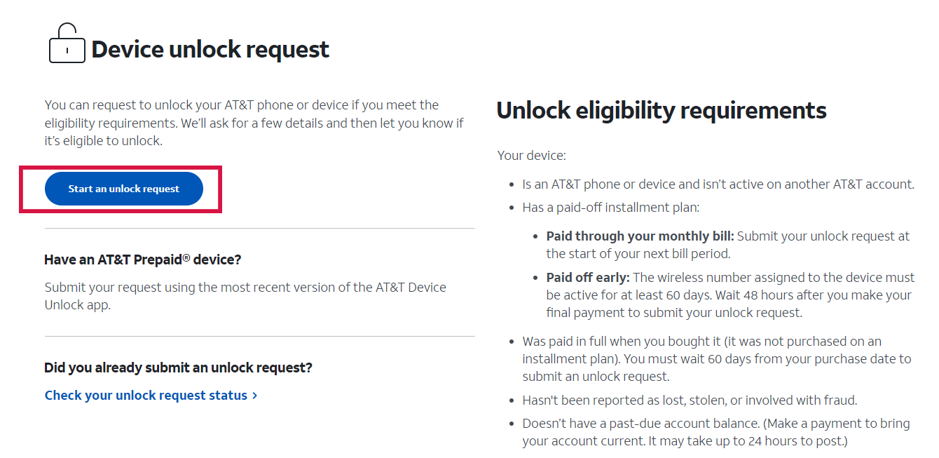 At&T Device Unlock Page With Unlock Your Device Highlighted