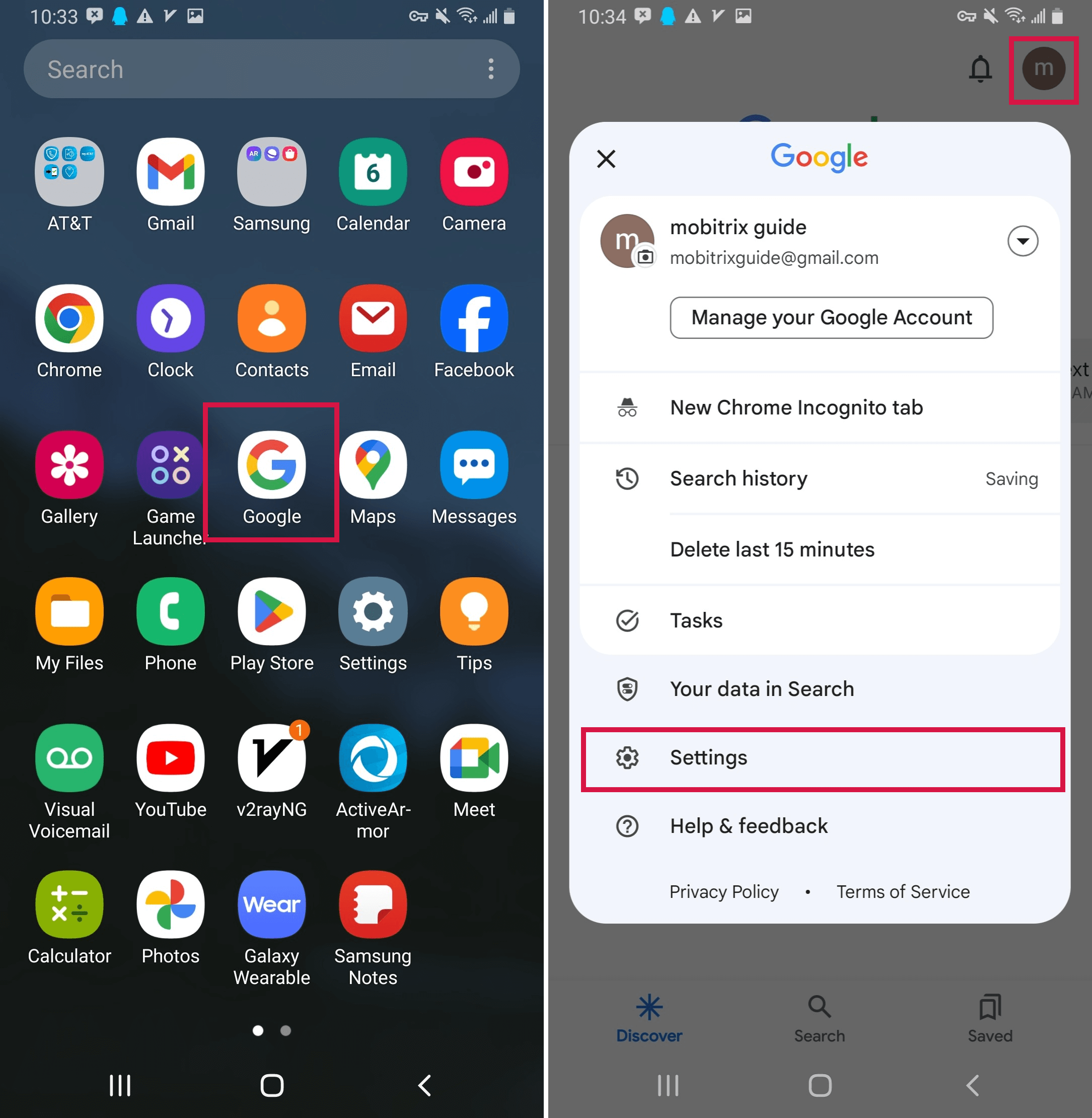 Open Google App then choose the More option then select Settings