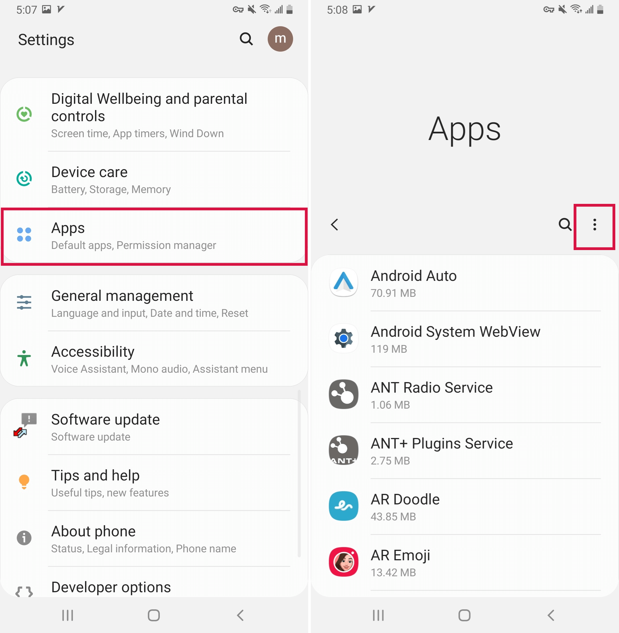 The settings menu on Android phone