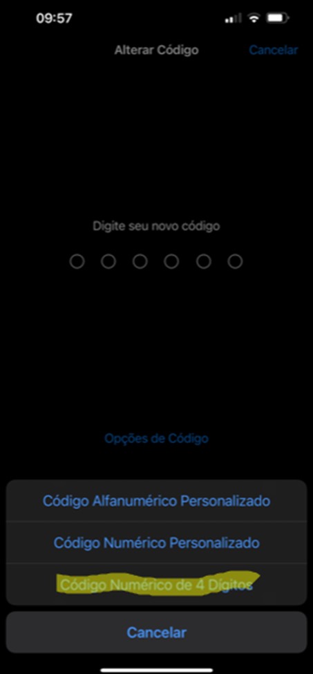Escolha código numérico de 4 dígitos
