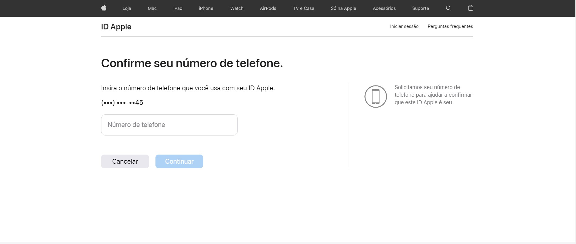 Insira o número de telefone que você usa com seu ID Apple.