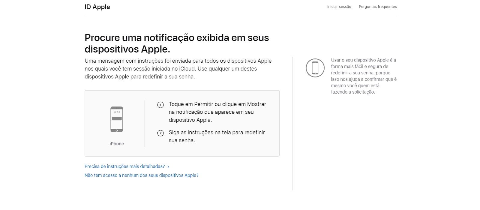 Instruções do site ID Apple
