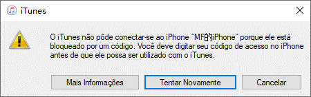iTunes não consegue se conectar, pois o iPhone está bloqueado por código de acesso.