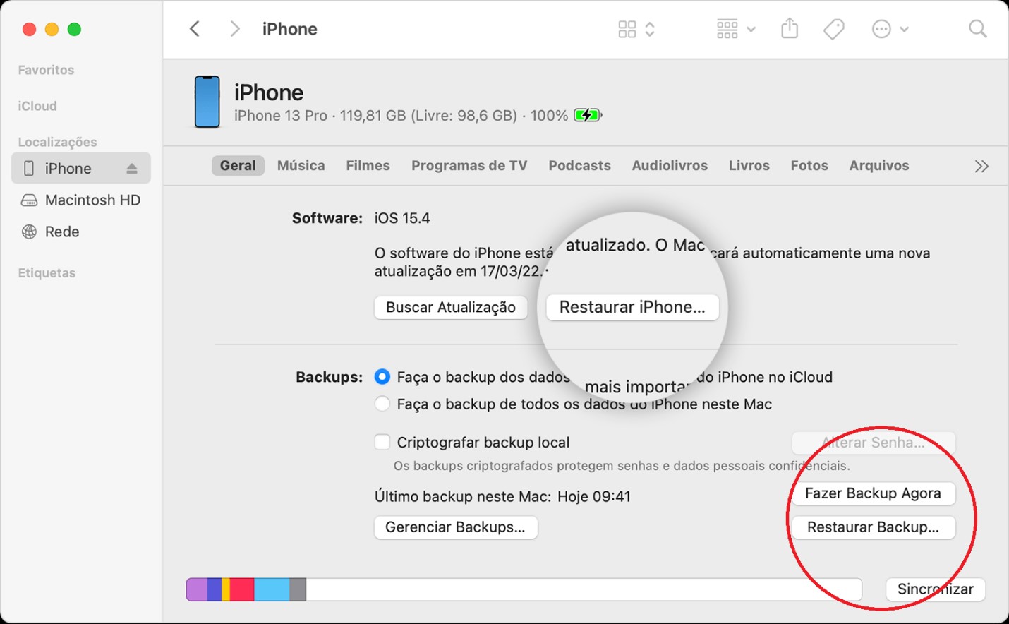 Localização da opção Fazer Backup Agora