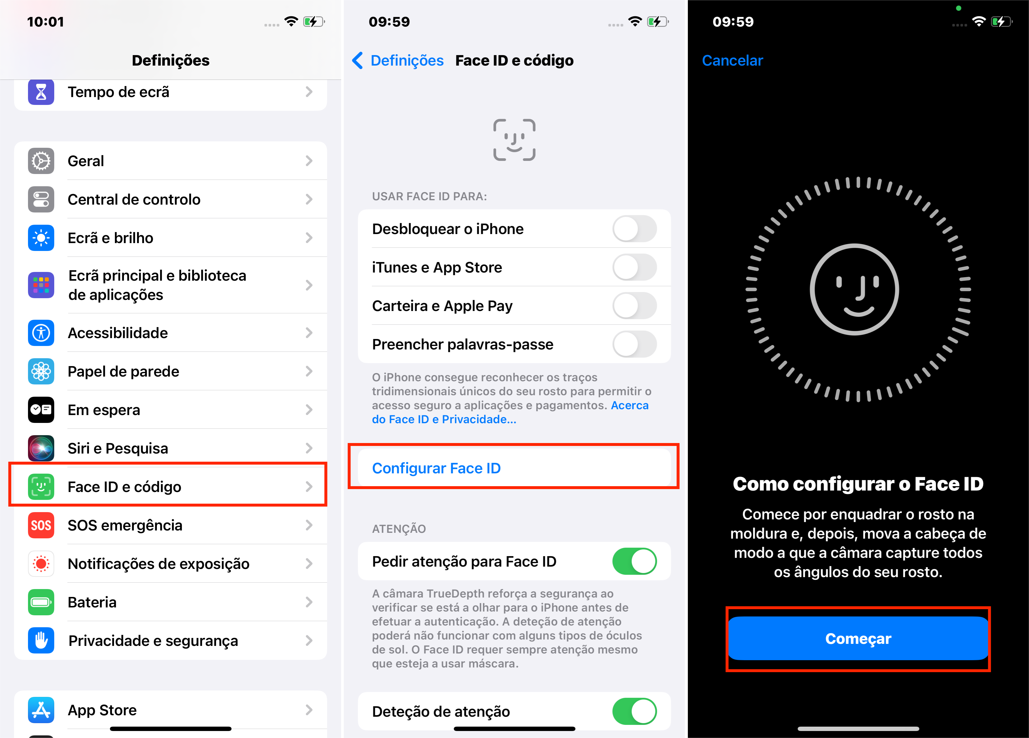 Passos para configurar o iPhone Face ID via Definições