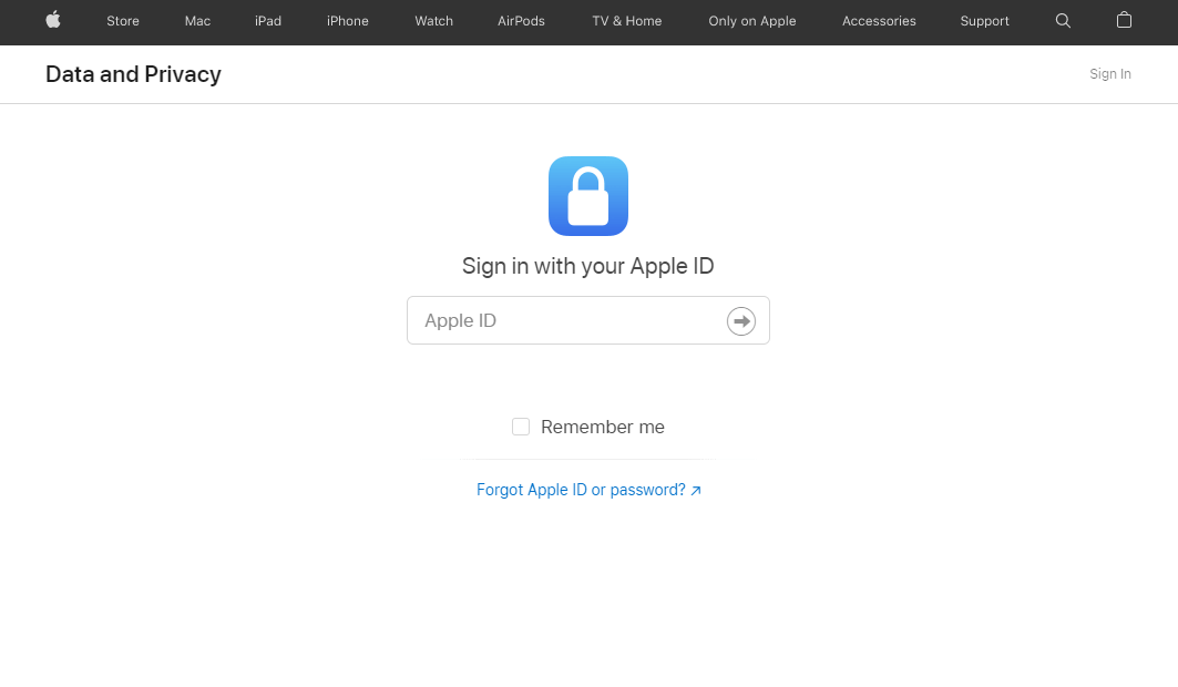Anmeldung auf der Apple-Website für Daten und Datenschutz