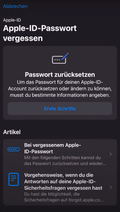 Tippen Sie auf Apple ID Passwort zurücksetzen