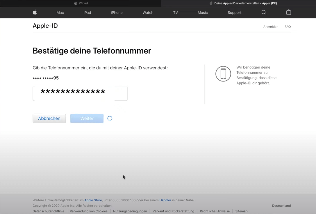 Geben Sie die mit Ihrer Apple ID verbundene Telefonnummer ein