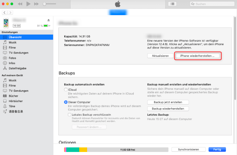 Über iTunes iPhone wiederherstellen