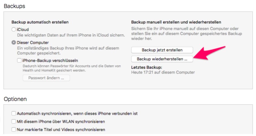 Scrolle nach unten und wähle Backup wiederherstellen unter Backups
