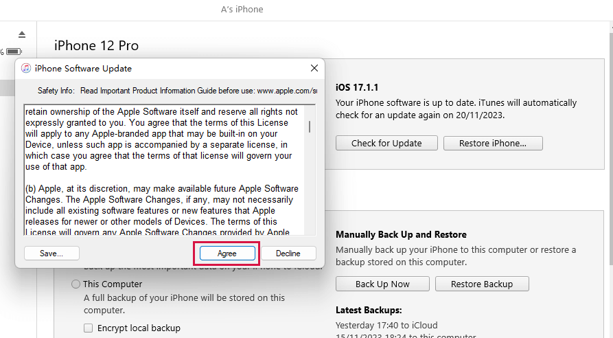 iPhone Software Update Click Agree