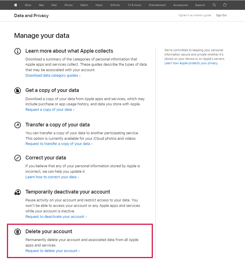 Apple Data and Privacy Page Click Delete Your Account
