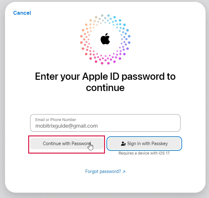 iCloud Enter Apple ID Password to Continue