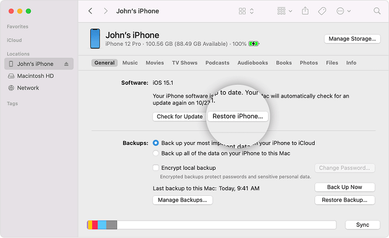 Click Restore to Unlock iPhone Via Finder