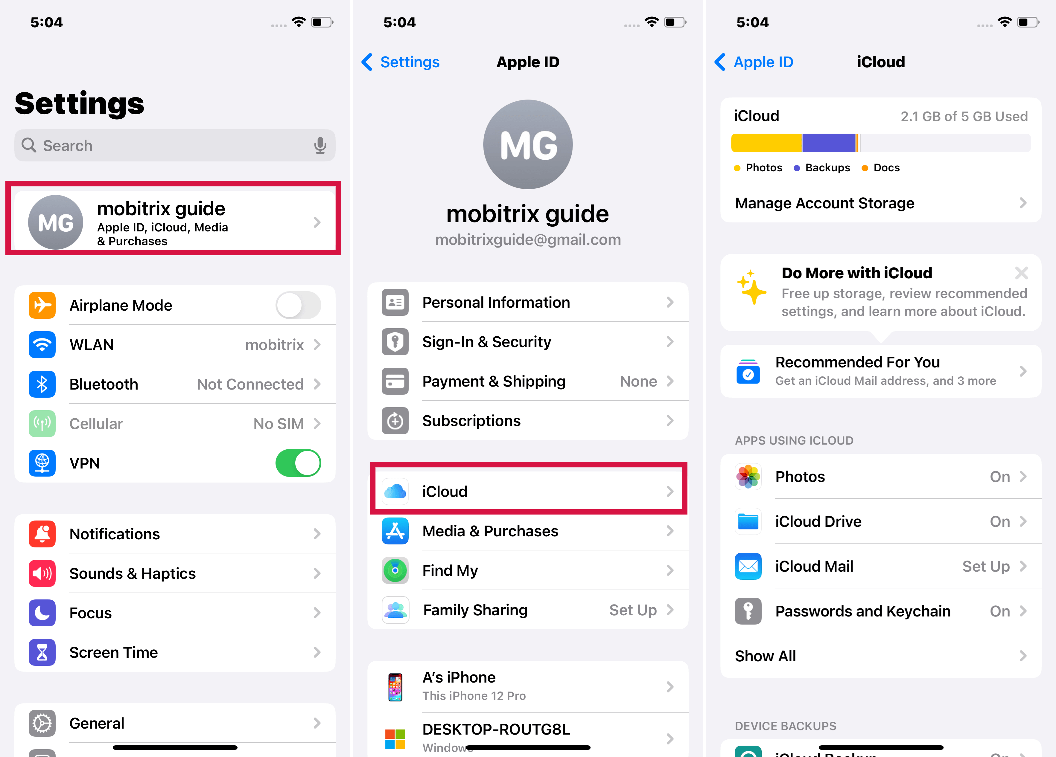 Click iCloud on iPhone Settings