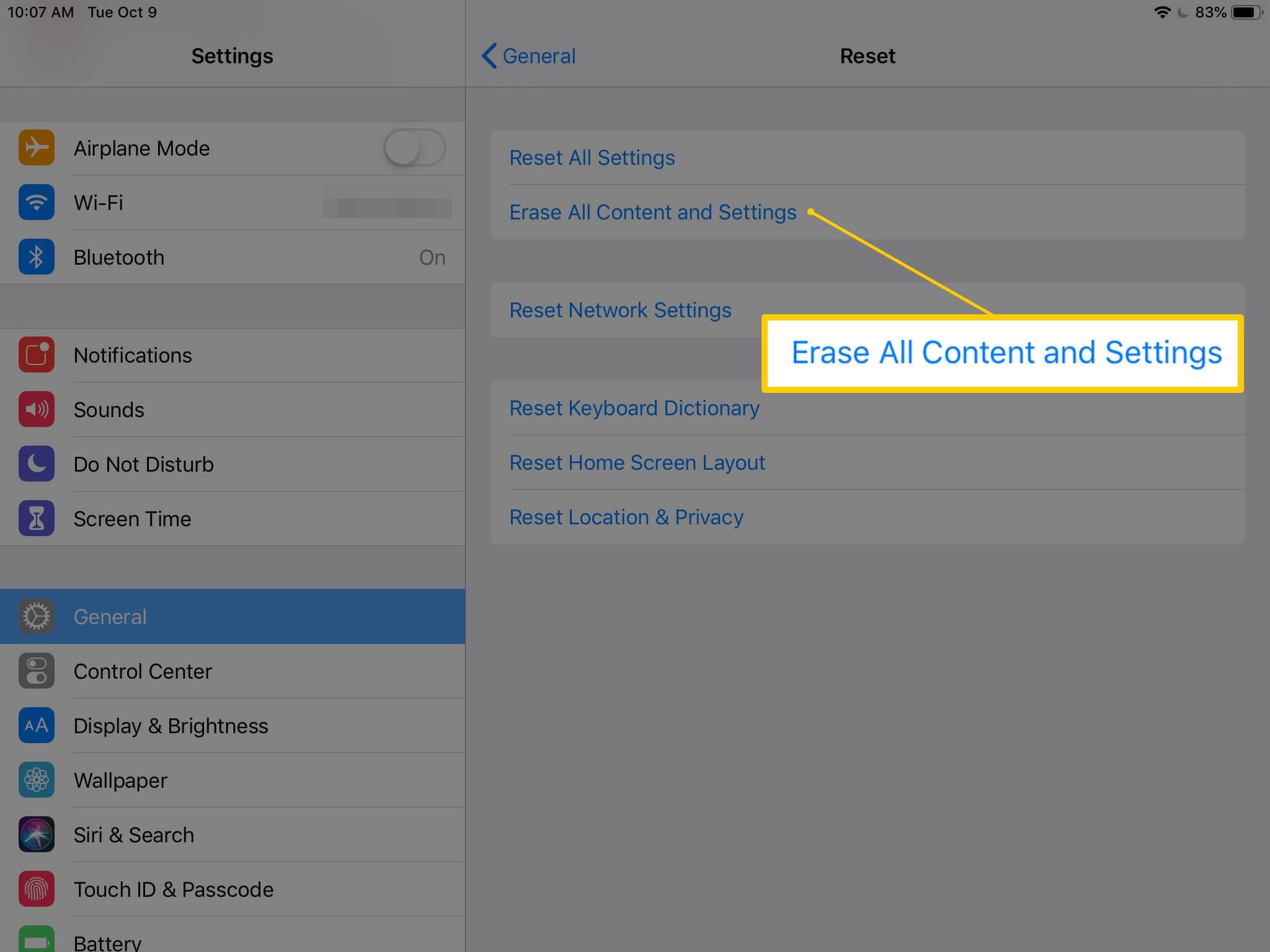 Erase all content and settings on ipad via setting
