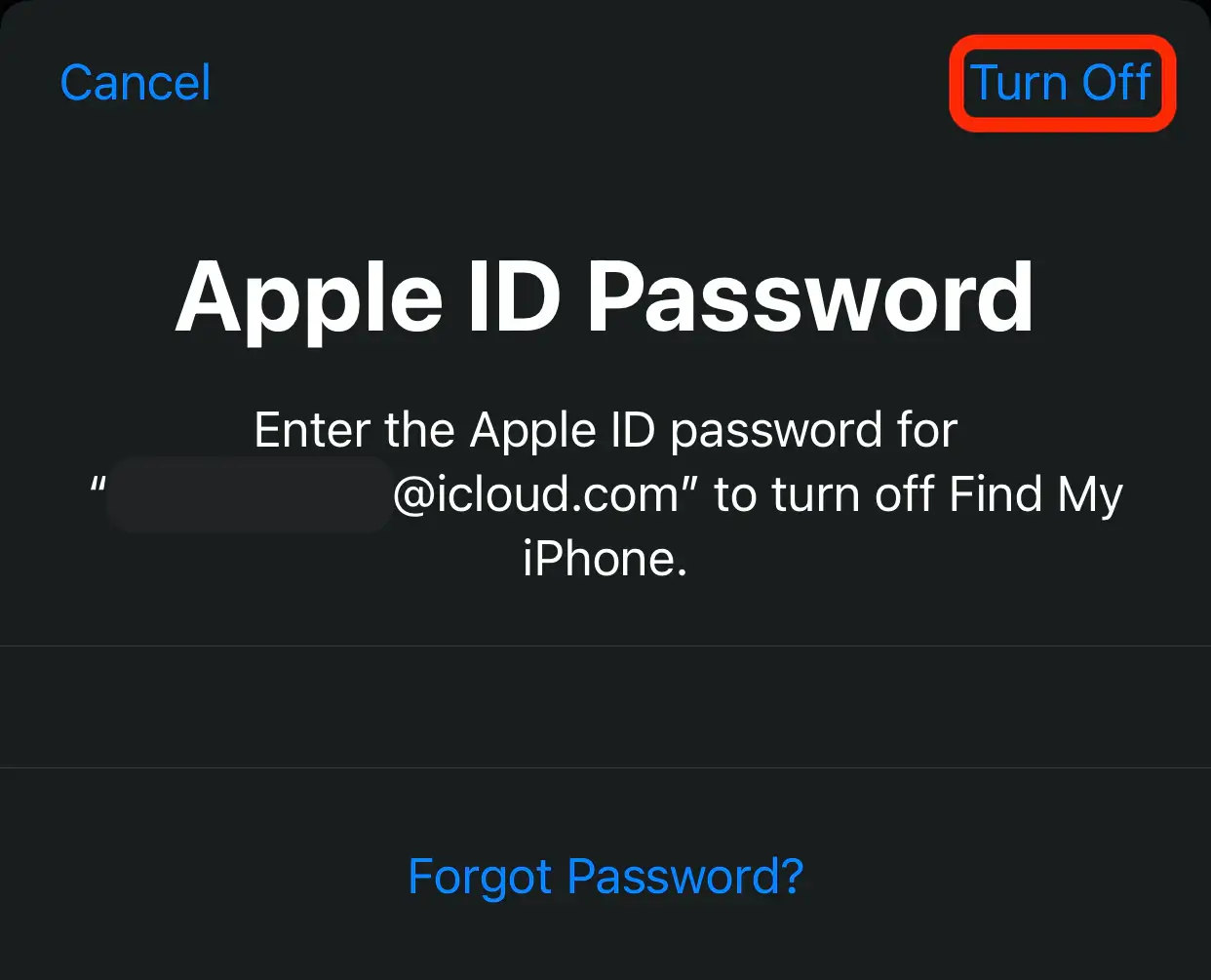 Turn off Find My on setting