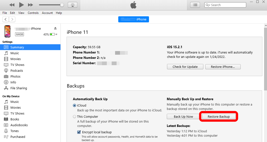 Restore iPhone Backup iTunes