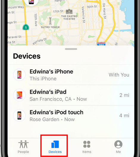 List of Devices on Find My app