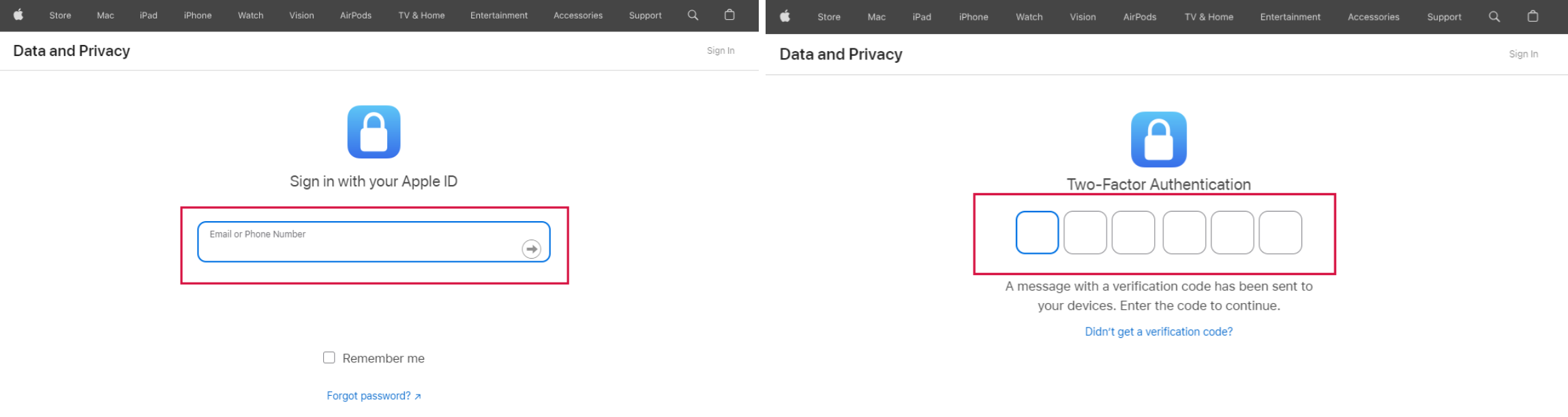 Log In To the Apple Data and Privacy Page