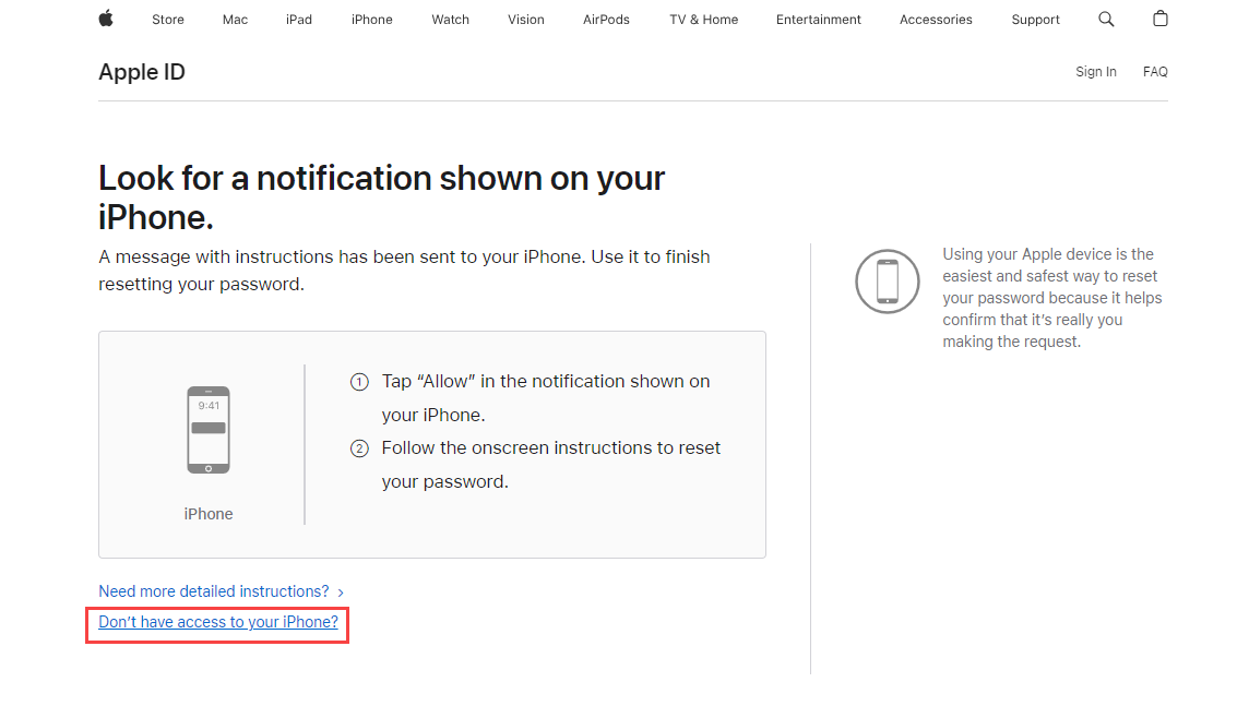 Select Do Not Have Access to Your iPhone on the iForgot Website