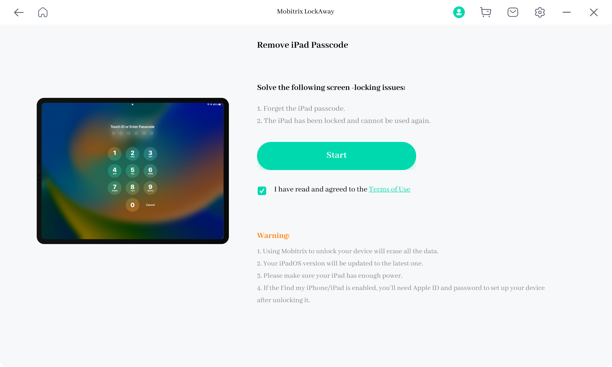 Mobitrix LockAway Click Start to Unlock iPad Passcode