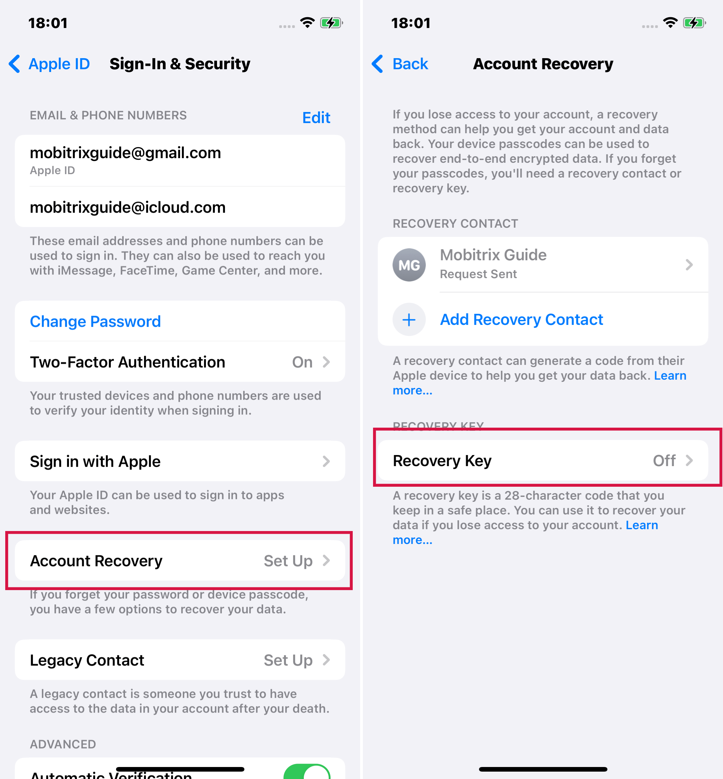 Recovery Key Is off on iPhone Settings