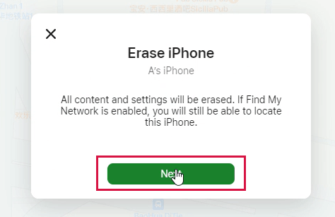Click Next to Confirm Erasing iPhone in iCloud