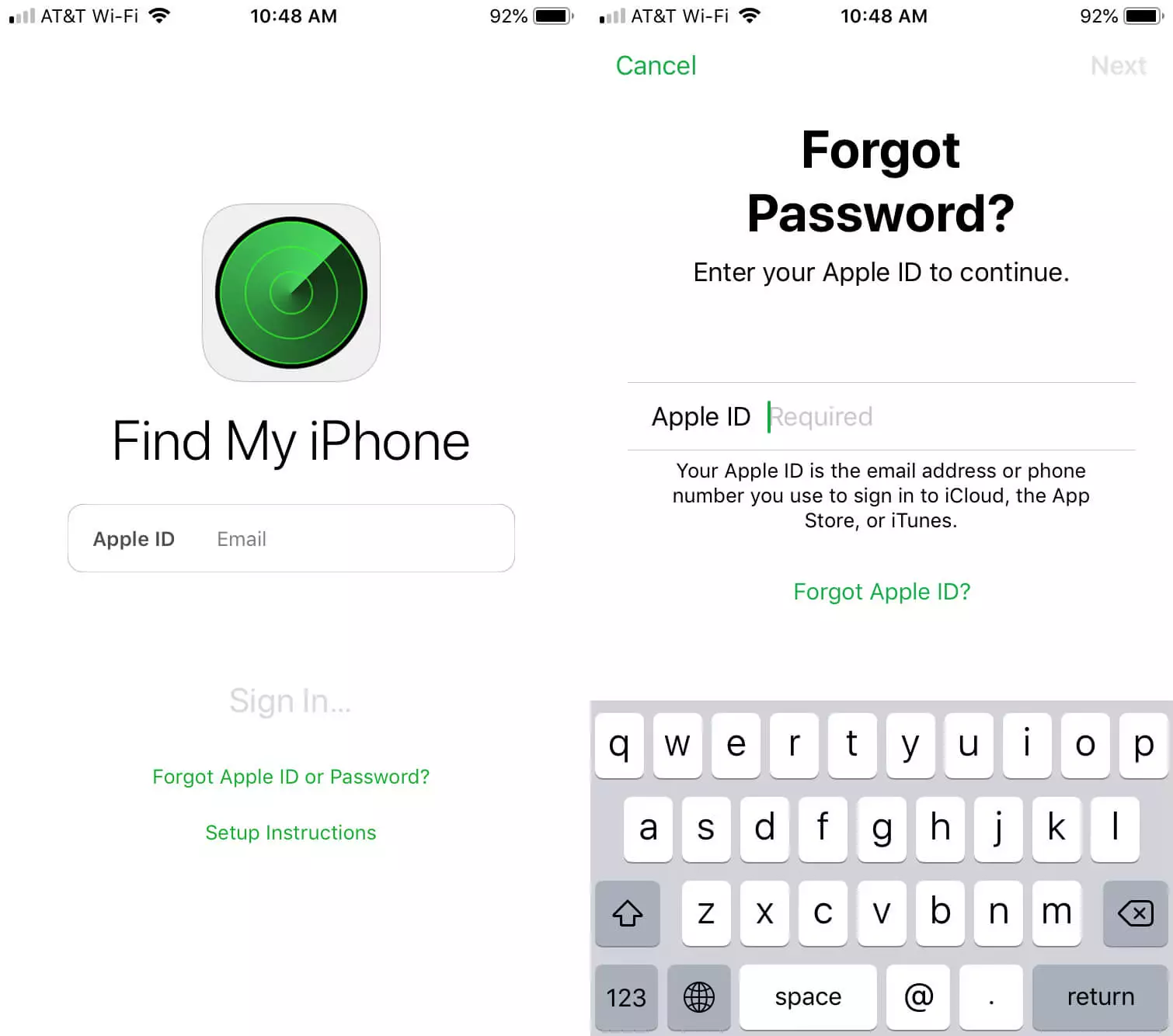 Click Forgot Apple ID or Password in the Find My iPhone App