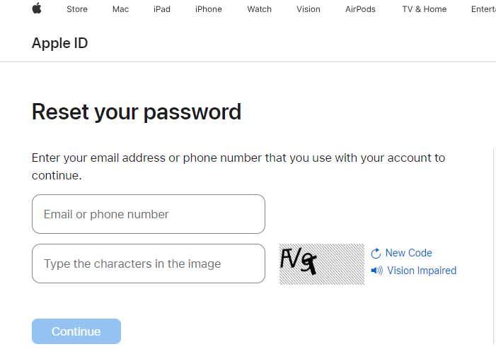 Reset Apple ID Password on Apple's iForgot Page