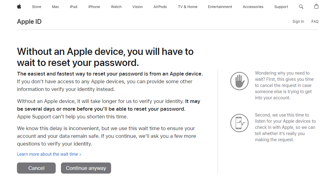 Wait to Reset Your Password without an Apple Device