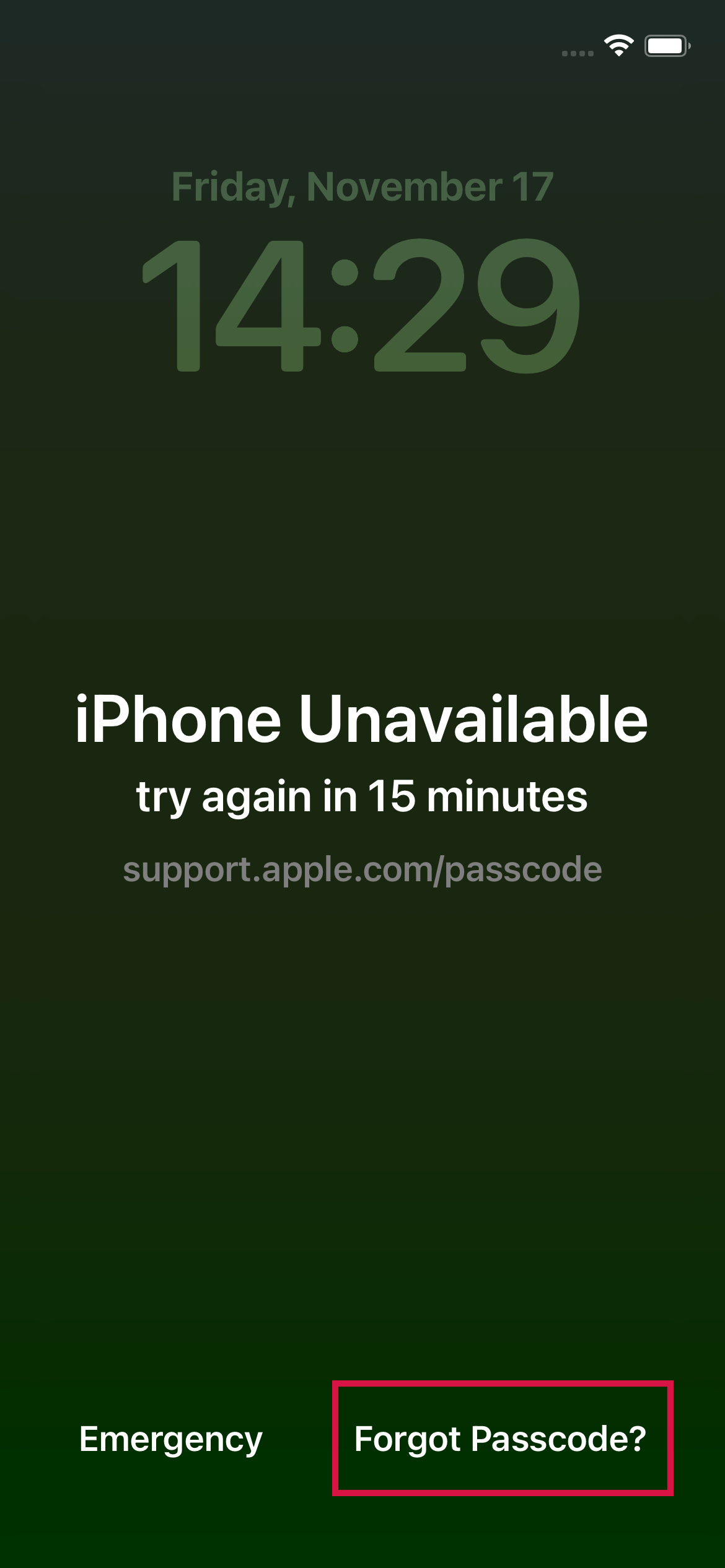 Tap Forgot Passcode on iPhone Unavailable Screen