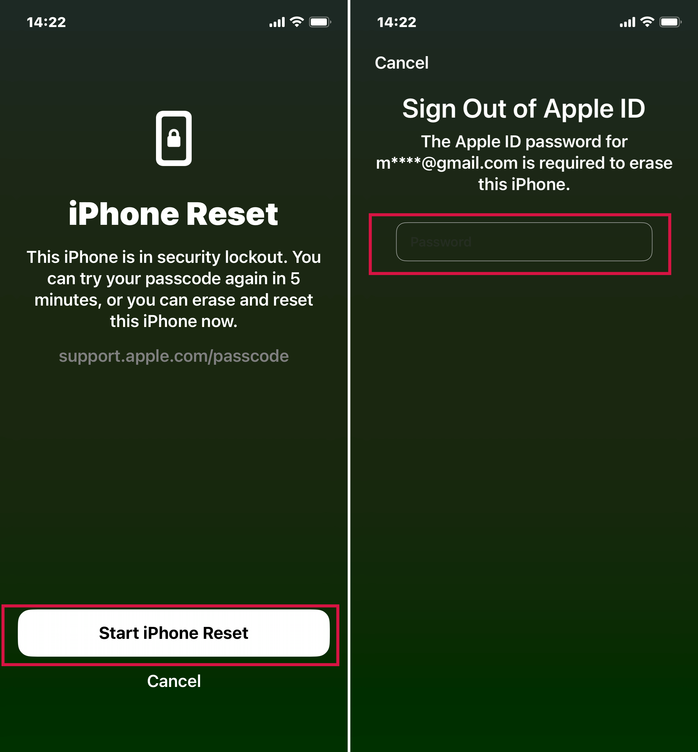 Tap Start iPhone Reset and Sign out of Apple ID