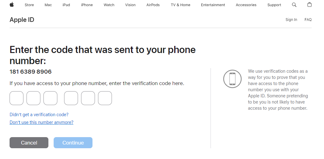 Enter the Verification Code on Apple's iForgot Page