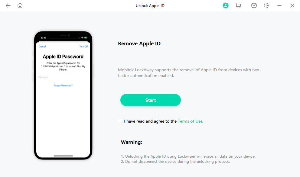 Mobitrix LockAway Click Start to Remove Apple ID