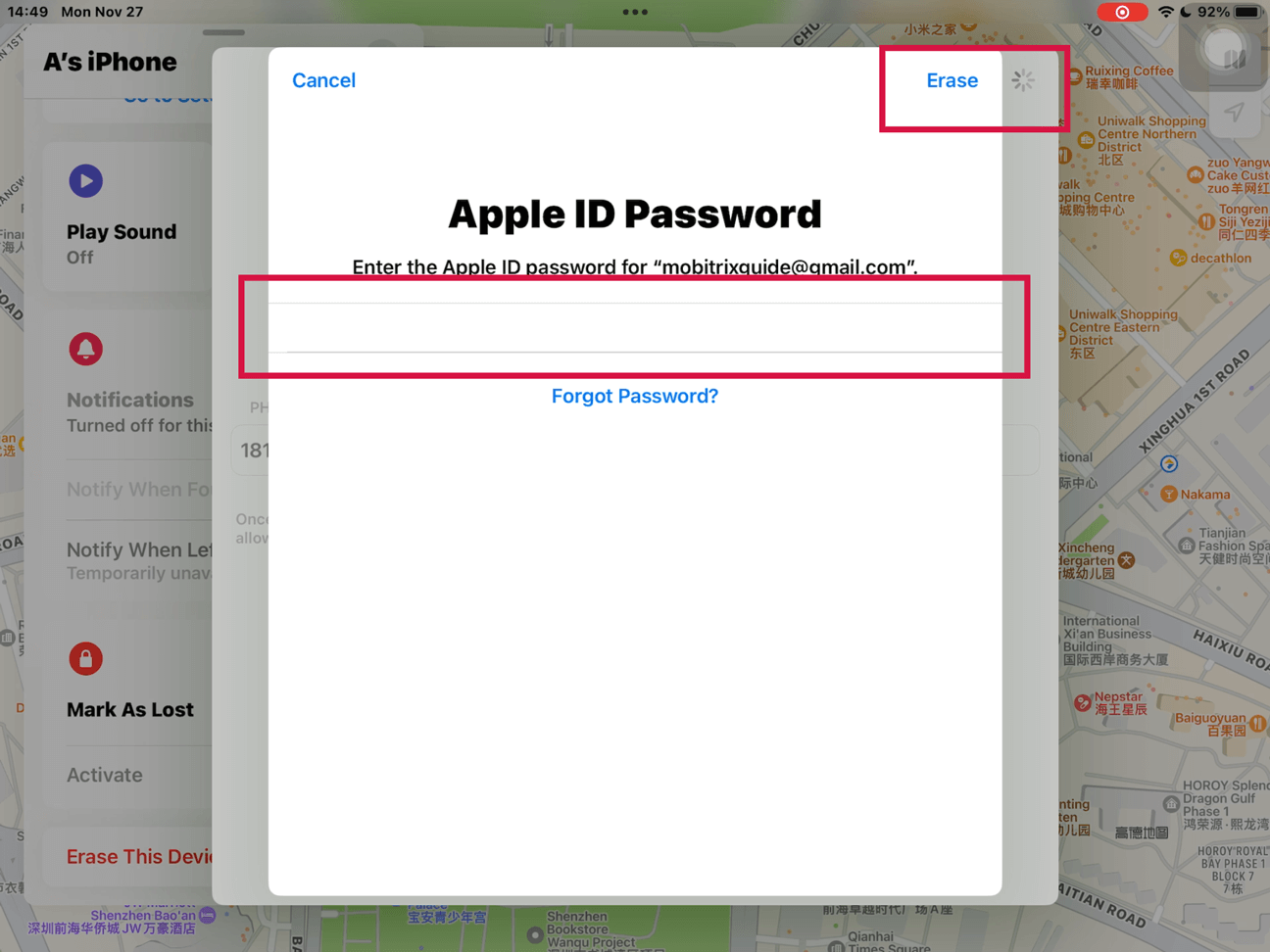 Find My Enter Your Apple ID Password and Tap Erase