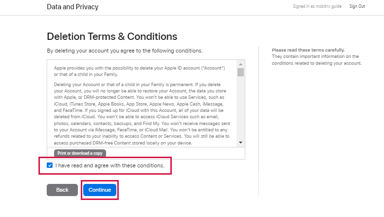 Agree to the Terms and Conditions for Apple ID Deletion
