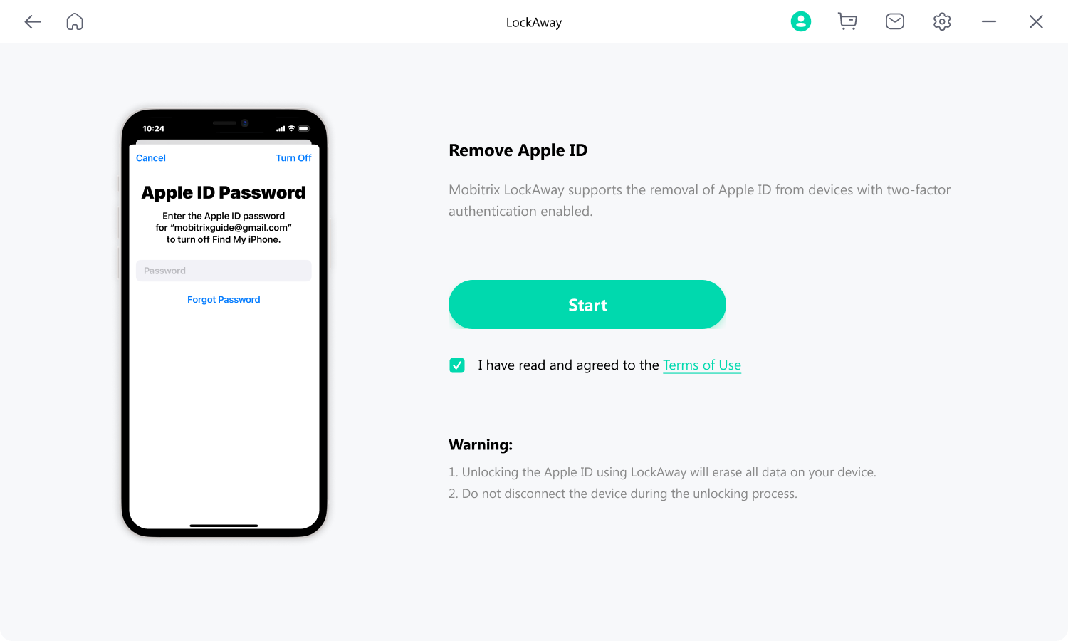 Mobitrix LockAway Click Start to Remove Apple ID