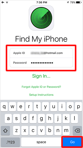 Sign in on the Find My iPhone app