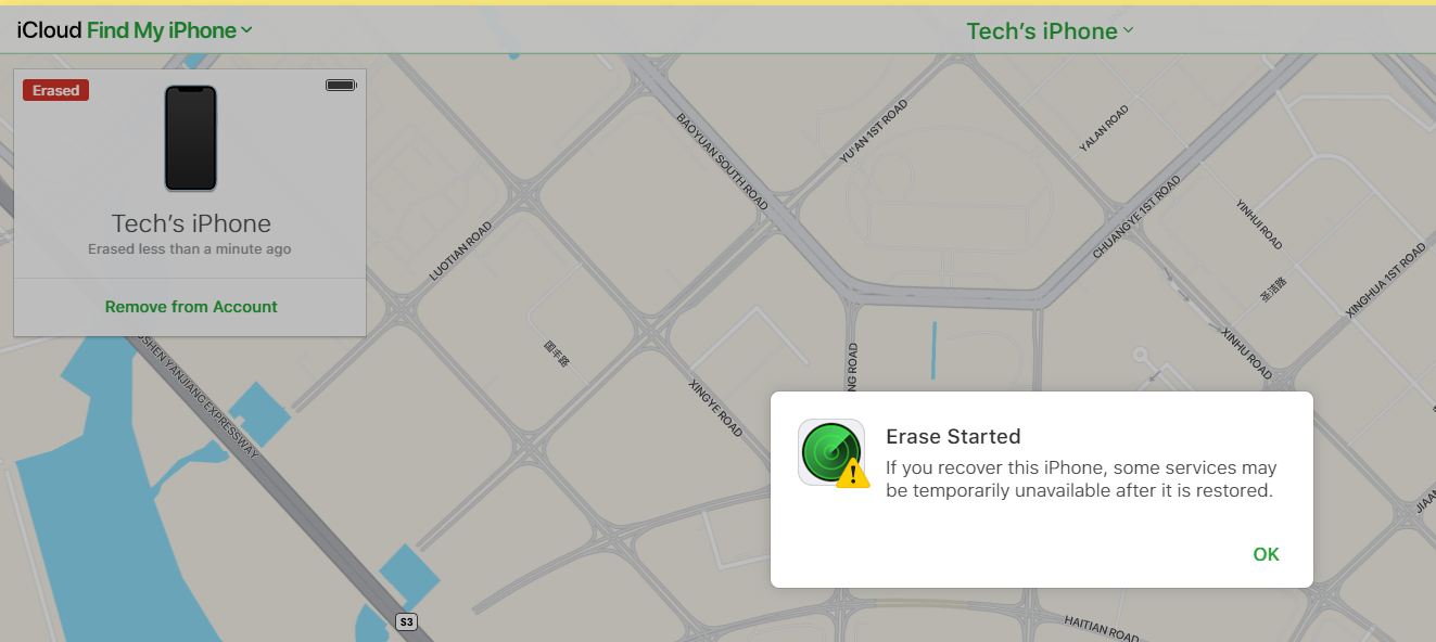 iCloud Find My iPhone Erase Started 