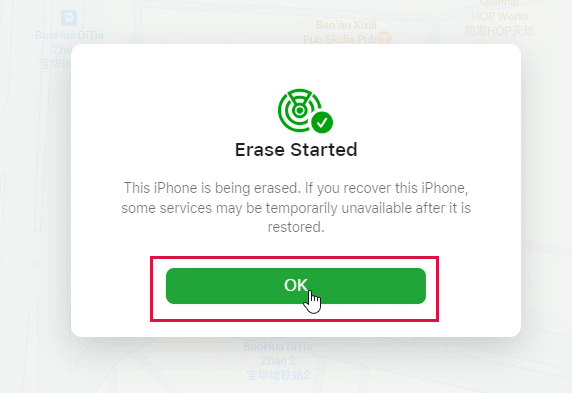 iCloud Find My iPhone Erase Started