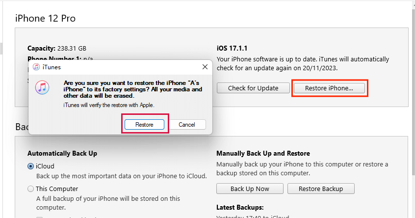 iTunes Click Restore iPhone