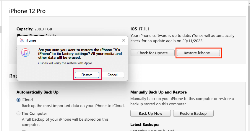 Restore iPhone via iTunes