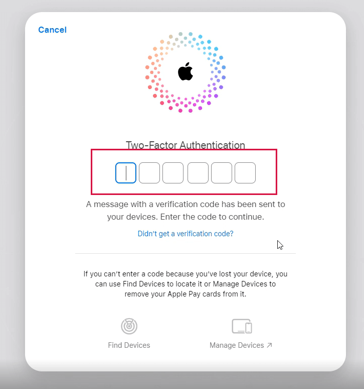 iCloud Two Factor Authentication Enter the Code