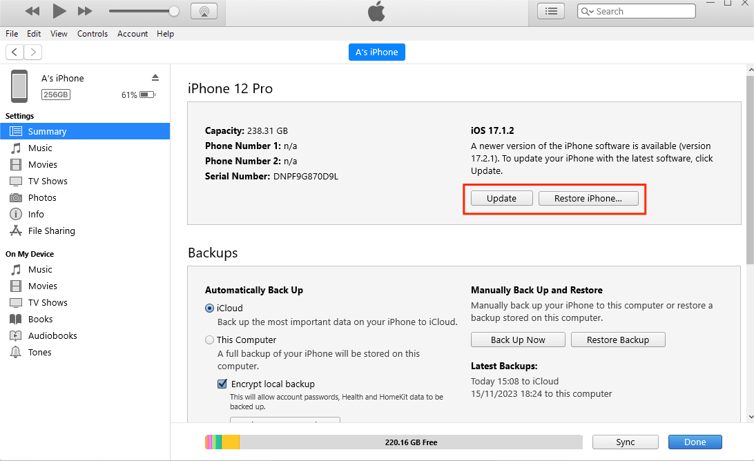 Update or Restore iPhone using iTunes