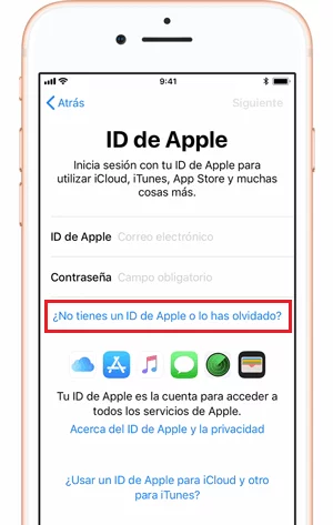 haz clic en ¿No tienes un ID de Apple o lo has olvidado?