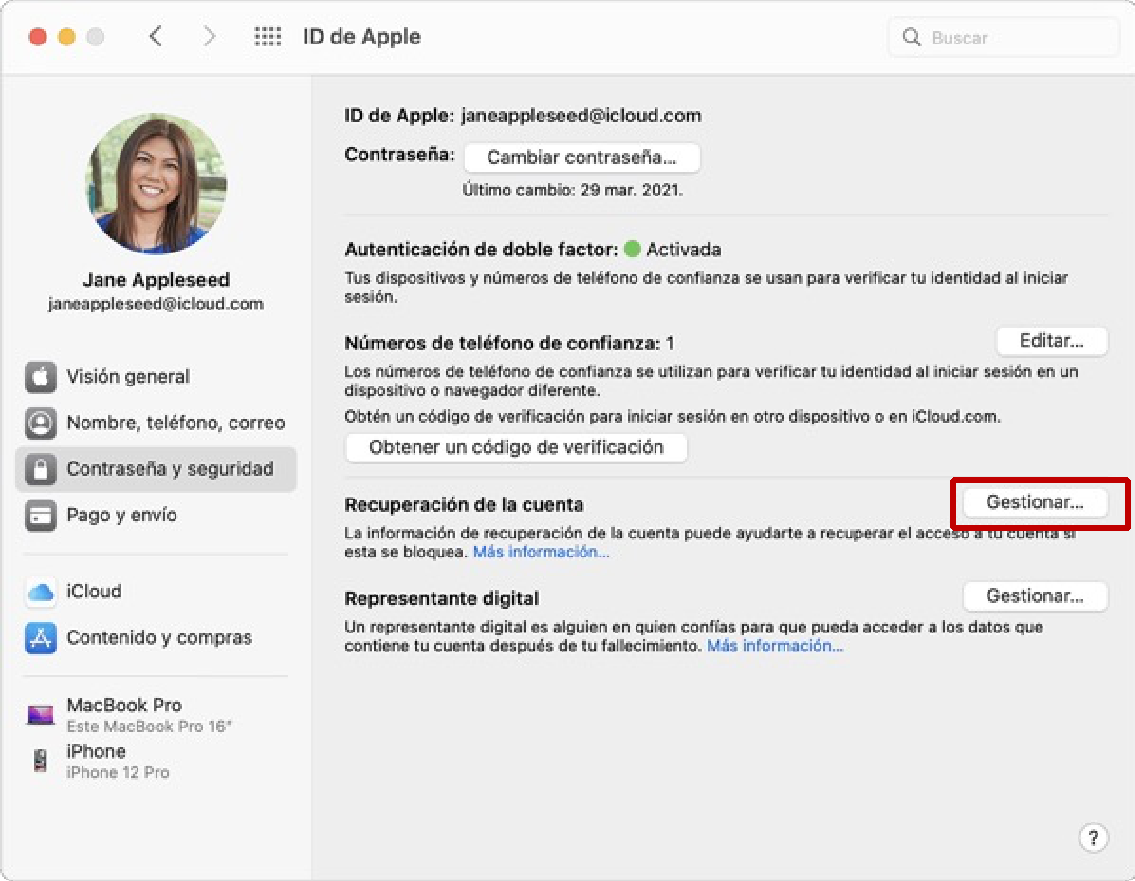 Haz clic en Gestionar junto a Recuperación de la cuenta
