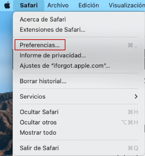 Haz clic en Preferencias del Menú Safari